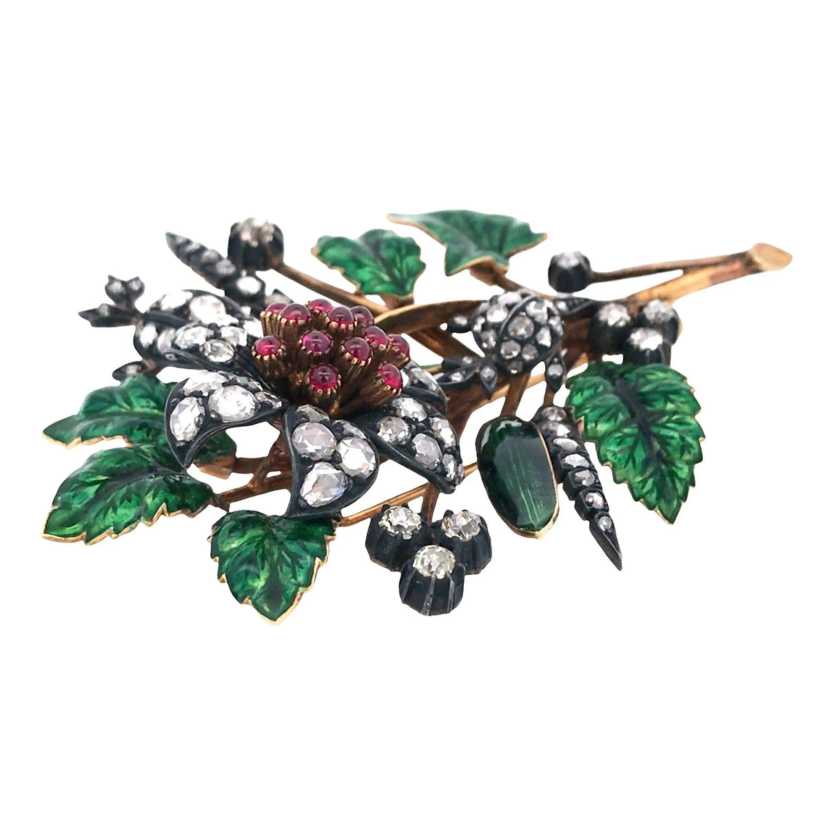 Silver-topped-Gold Ruby Enamel Diamond Flower Brooch