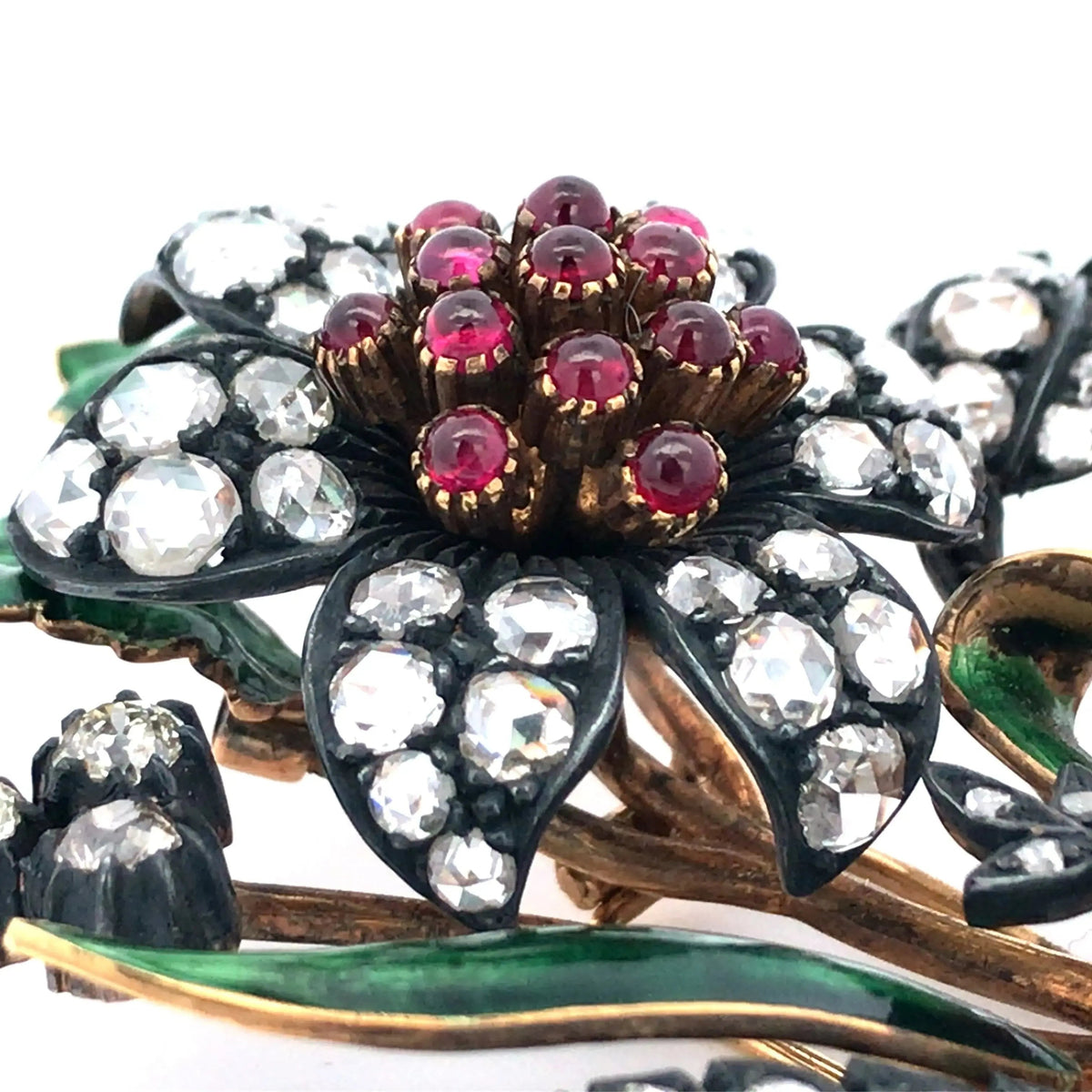 Silver-topped-Gold Ruby Enamel Diamond Flower Brooch
