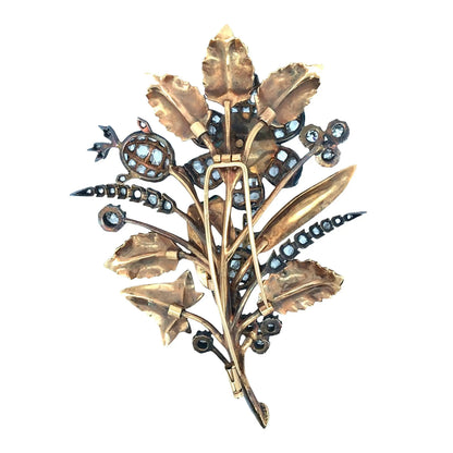 Silver-topped-Gold Ruby Enamel Diamond Flower Brooch
