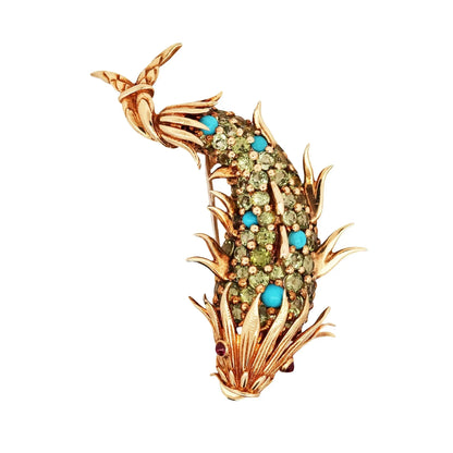 Tiffany Schlumberger, 18K Gold Periodot Turquoise Ruby Dophin Brooch
