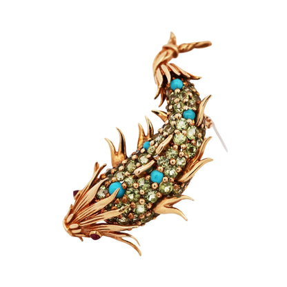 Tiffany Schlumberger, 18K Gold Periodot Turquoise Ruby Dophin Brooch