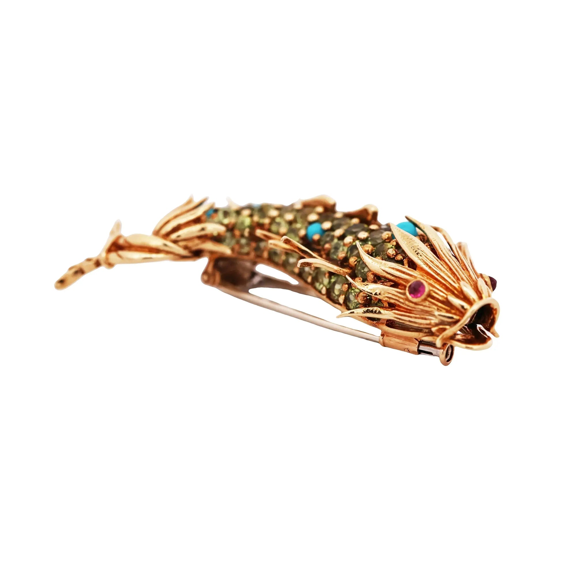 Tiffany Schlumberger, 18K Gold Periodot Turquoise Ruby Dophin Brooch