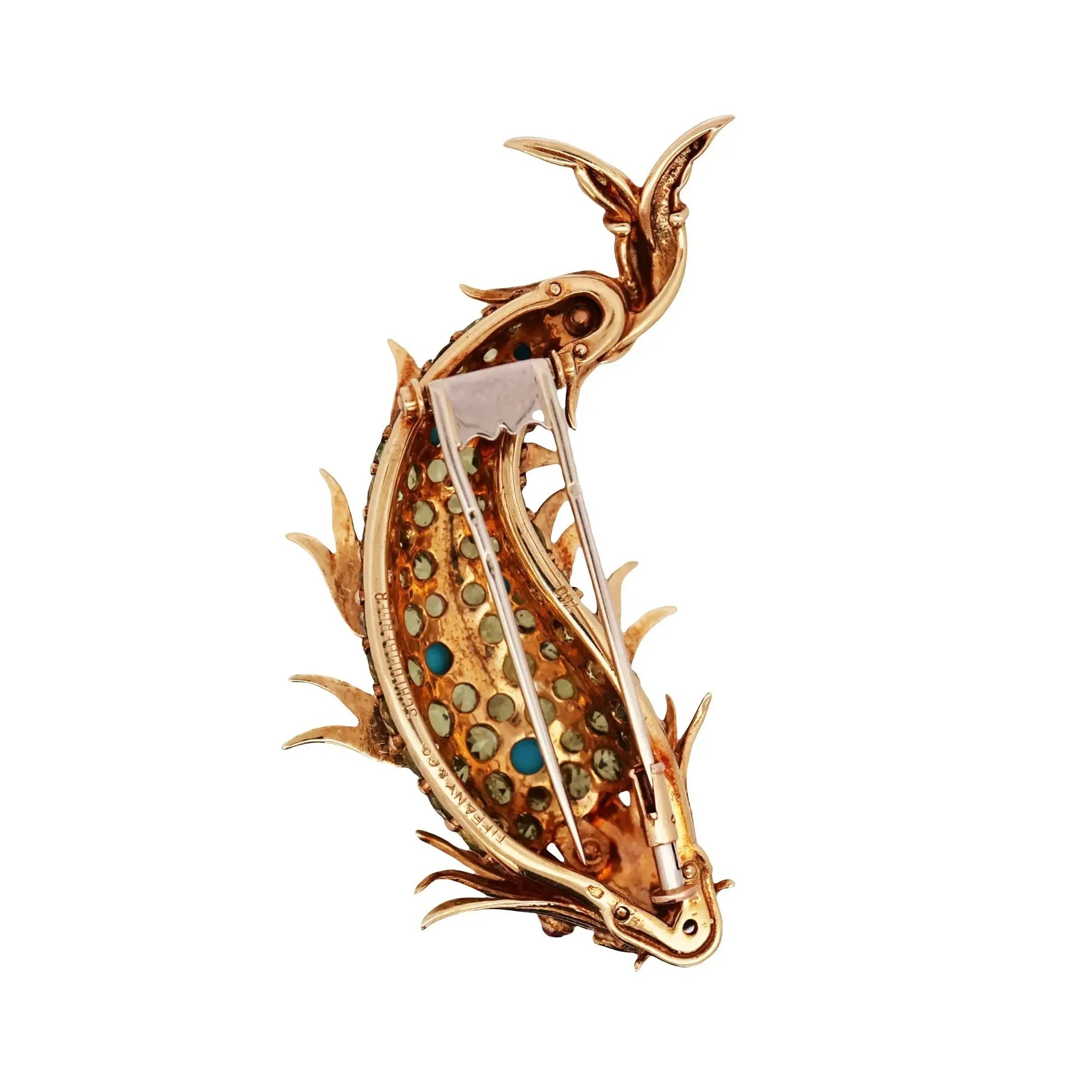 Tiffany Schlumberger, 18K Gold Periodot Turquoise Ruby Dophin Brooch