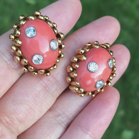 David Webb, 18K Gold Coral Diamond Earrings