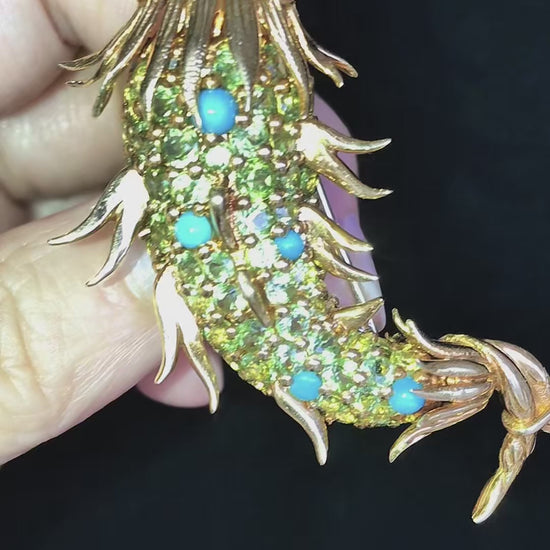 Tiffany Schlumberger, 18K Gold Periodot Turquoise Ruby Dophin Brooch