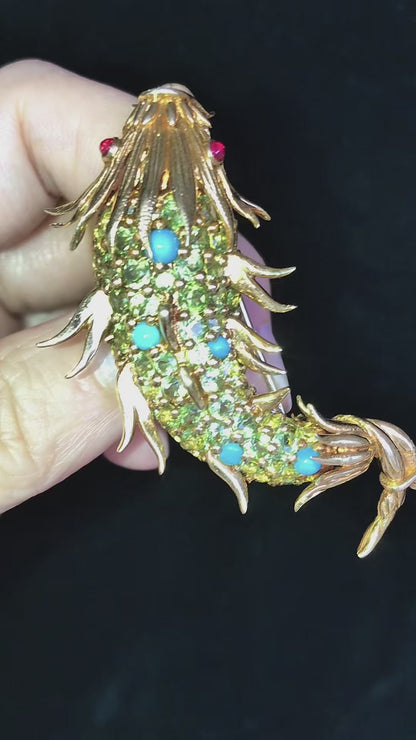Tiffany Schlumberger, 18K Gold Periodot Turquoise Ruby Dophin Brooch
