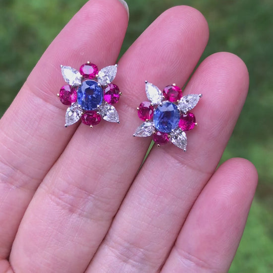 18K Gold Kashmir Unheated Sapphire Ruby Diamond Earrings, GIA