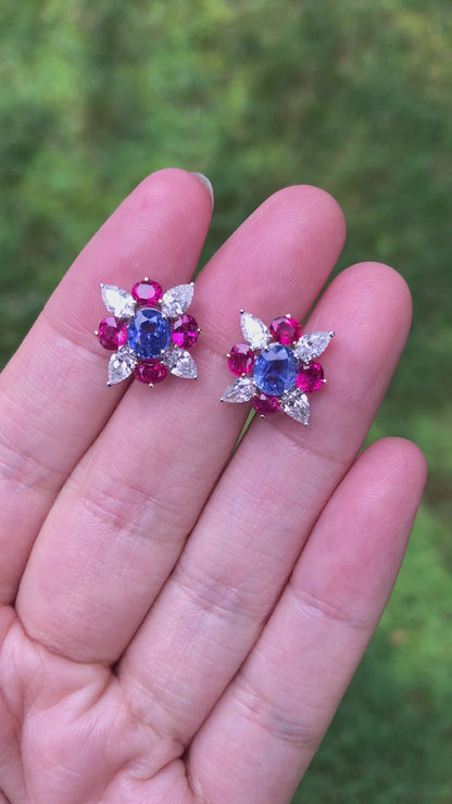 18K Gold Kashmir Unheated Sapphire Ruby Diamond Earrings, GIA