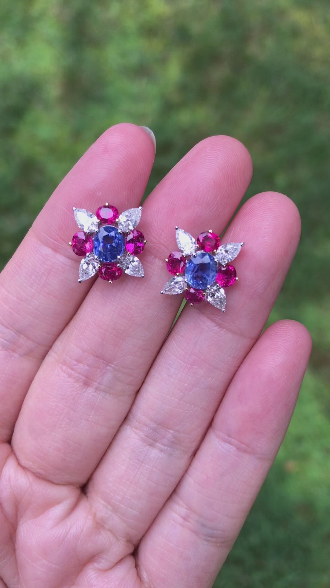18K Gold Kashmir Unheated Sapphire Ruby Diamond Earrings, GIA