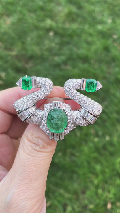 Platinum Carved Emerald Diamond Brooch