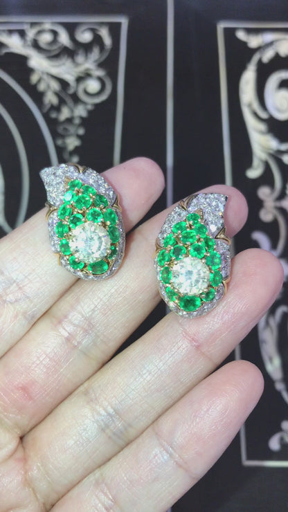 18K Gold Color Diamond, Diamond Emerald Earrings, André Vassort