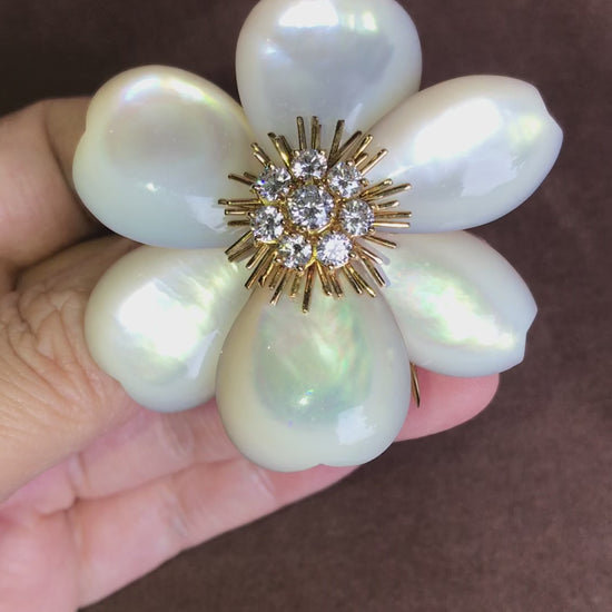 Van Cleef & Arpels, 18K Gold Mother-of-Pearl Diamond Flower Brooch