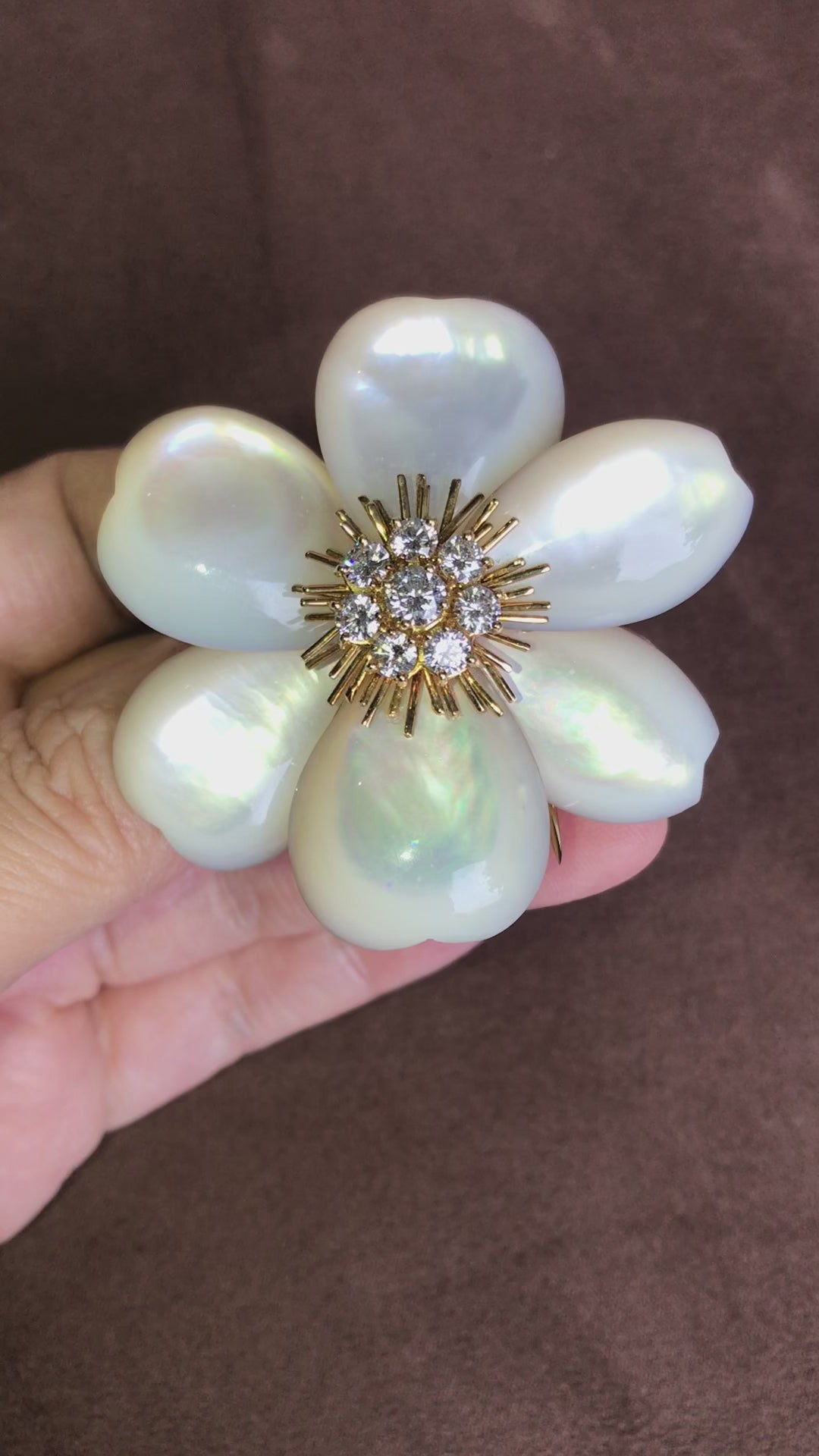 Van Cleef & Arpels, 18K Gold Mother-of-Pearl Diamond Flower Brooch