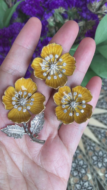 Boucheron, 18K Gold Enamel Diamond Flower Brooch and Earrings