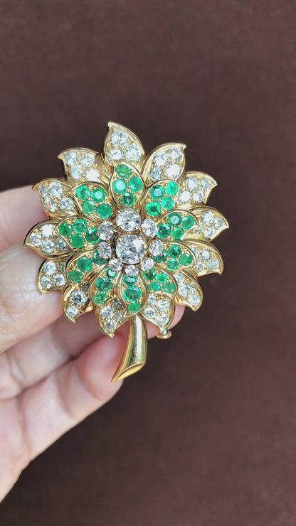 Rene Boivin, 18K Gold Emerald Diamond Brooch