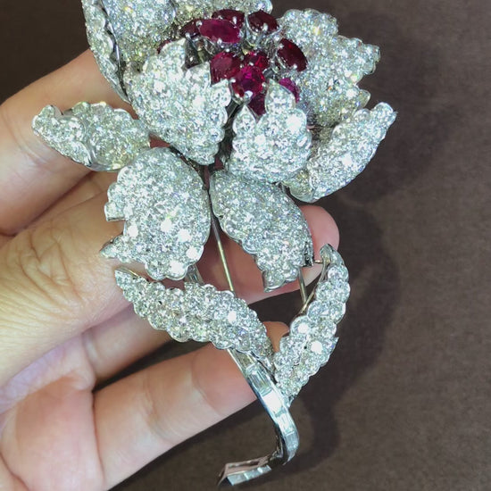 Harry Winston, Platinum Ruby Diamond Flower Brooch, GIA, Evaluation