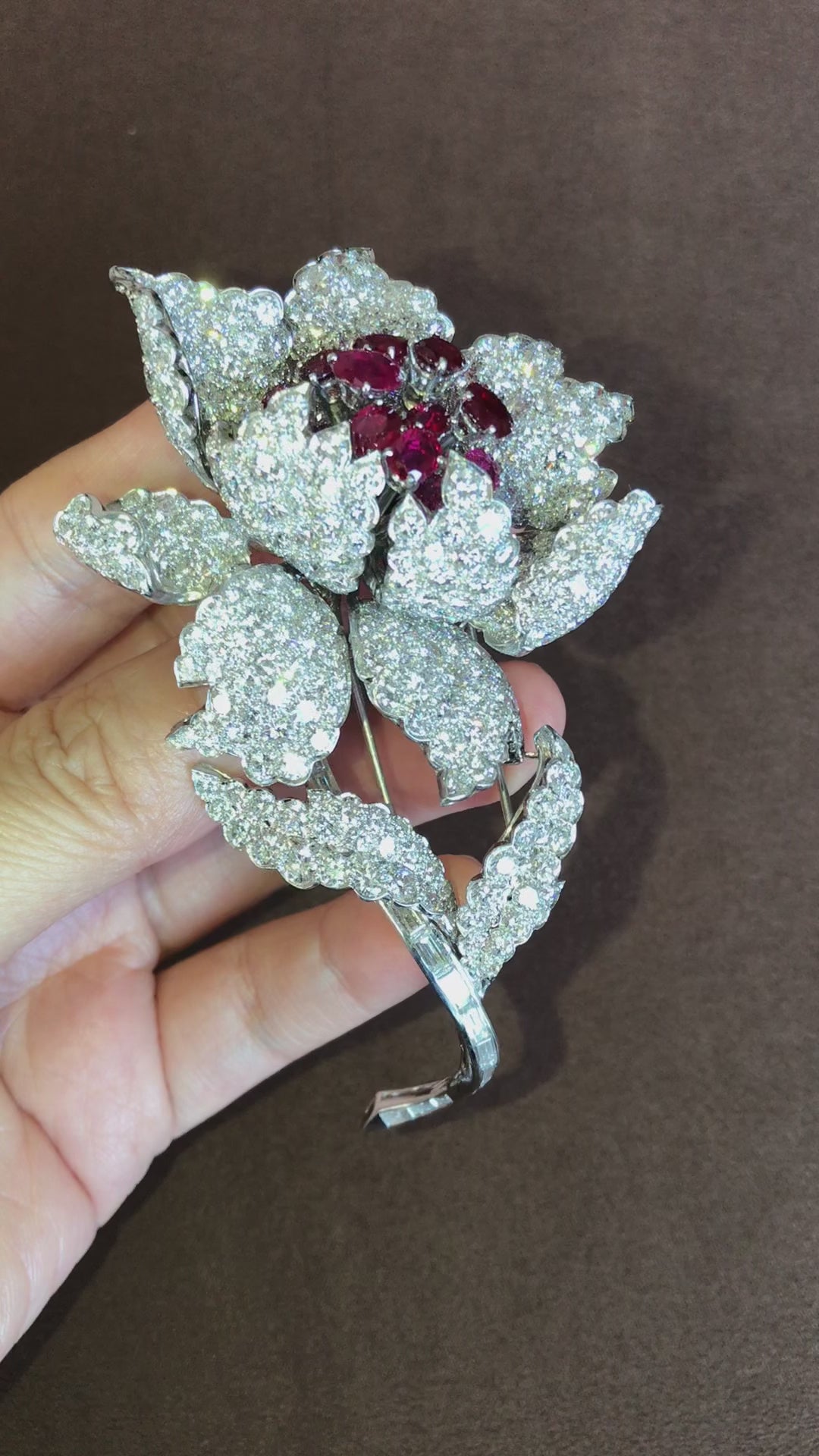 Harry Winston, Platinum Ruby Diamond Flower Brooch, GIA, Evaluation