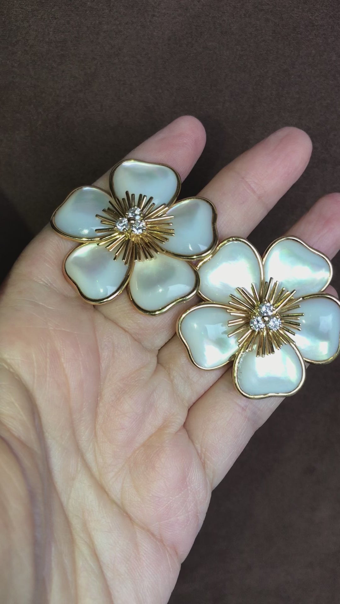 Van Cleef & Arpels, 18K Gold Mother-of-Pearl Diamond Flower Earrings