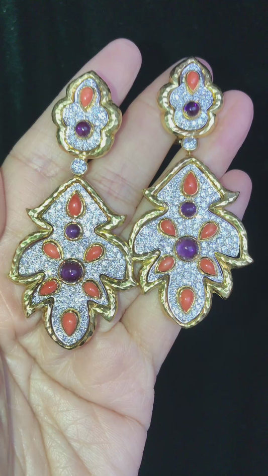 David Webb, Platinum 18K Gold Coral Diamond Earrings