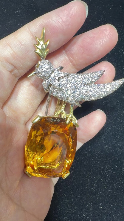 Tiffany Schlumberger, 18K Gold Citrine Diamond Bird-on-Stone Brooch