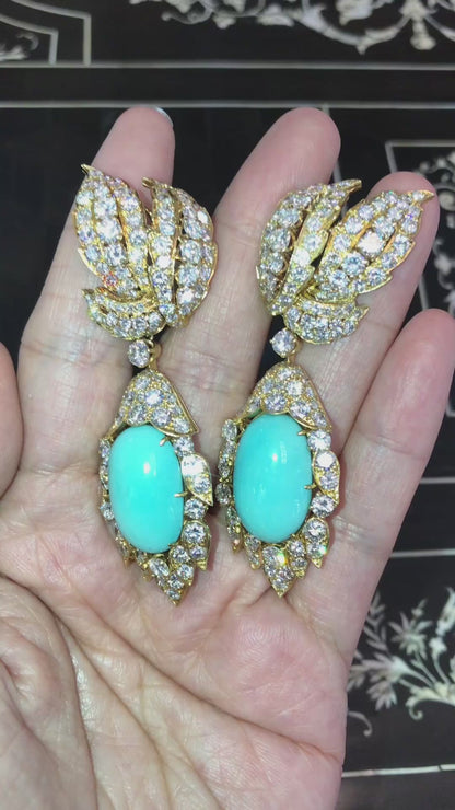 David Webb, 18K Gold Turquoise Diamond Earrings