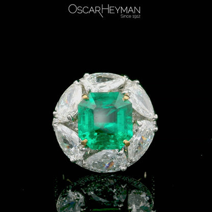 Oscar Heyman, Platinum 18K Gold 4.61ct Colombia no-oil Emerald Diamond Ring, Gubelin, AGL, GIA