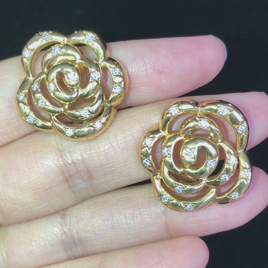 Van Cleef & Arpels, 18K Gold Diamond Camellia Earrings