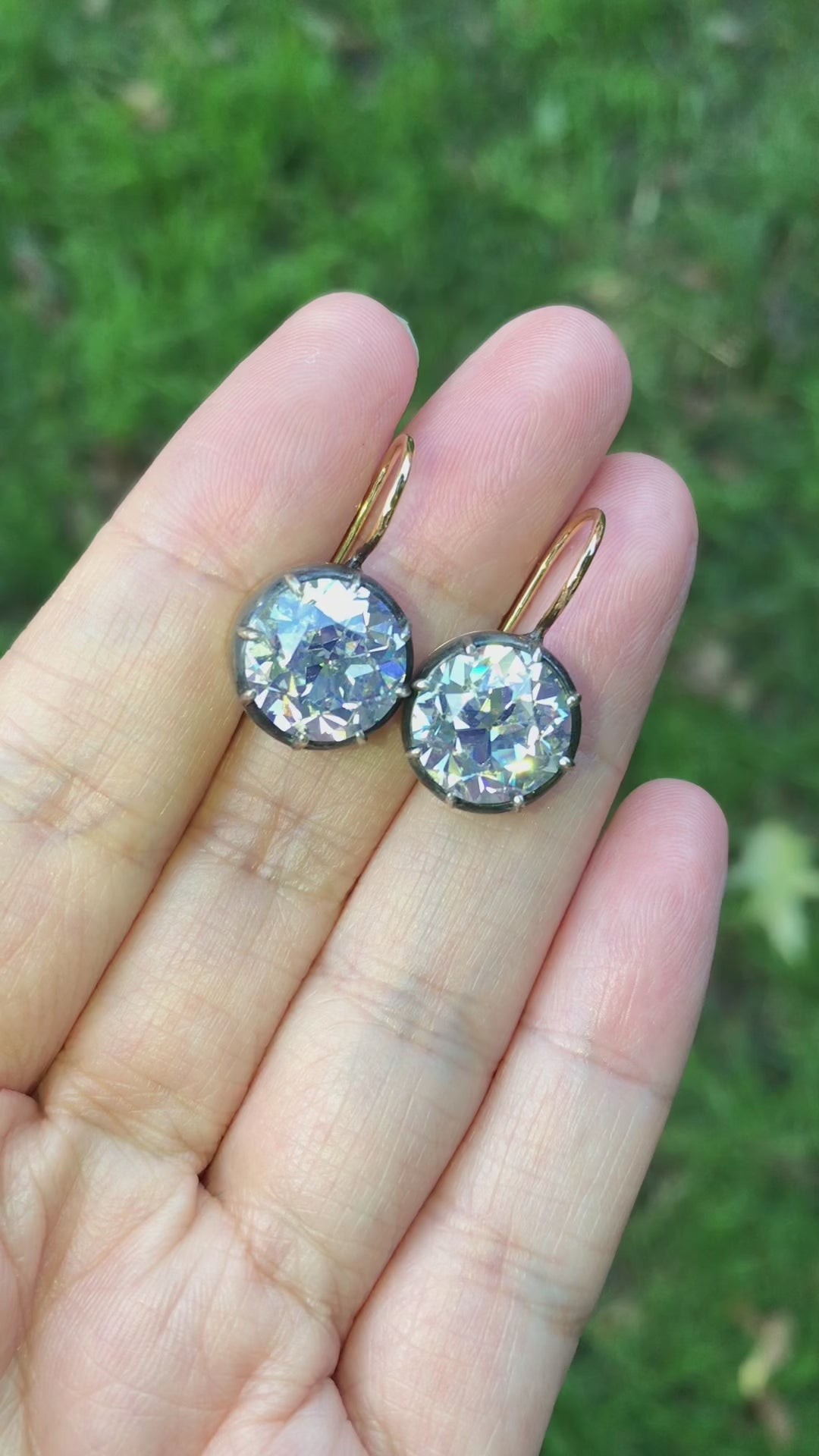 Silver-top-Gold Old European Cut Diamond Earrings, 5.02ct and 5.06ct GIA