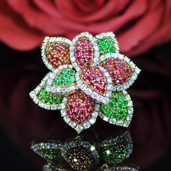 Van Cleef & Arpels, Emerald, Ruby and Diamond Flora Brooch - Lueur Jewelry