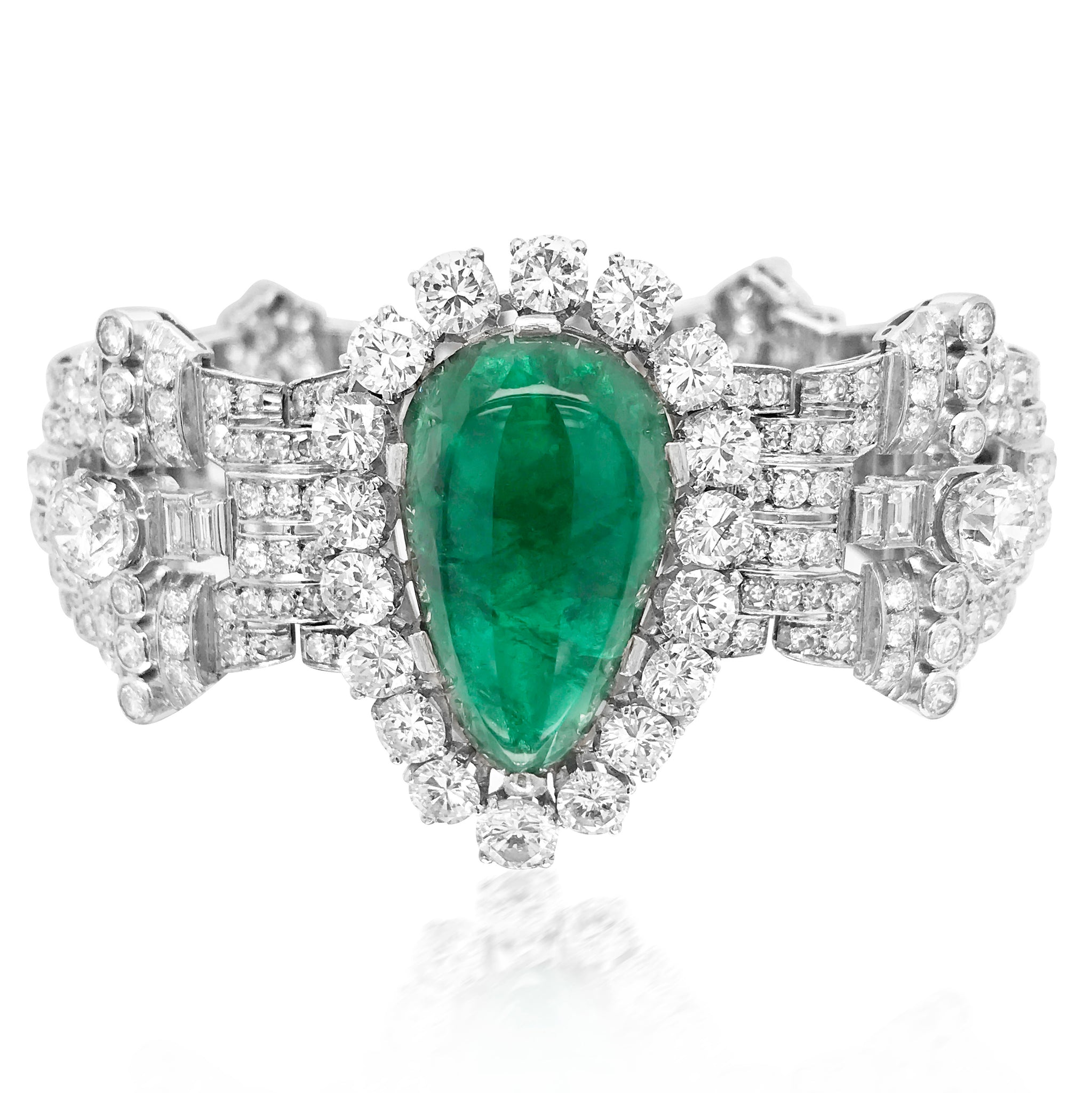 Clerc, Pear-shaped Platinum Diamond Emerald Bracelet - Lueur Jewelry