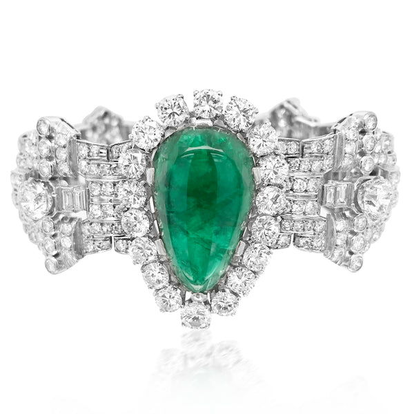 Clerc, Pear-shaped Platinum Diamond Emerald Bracelet - Lueur Jewelry