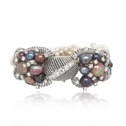 David Webb, Multistrand White and Black Pearls Diamond Bracelet - Lueur Jewelry