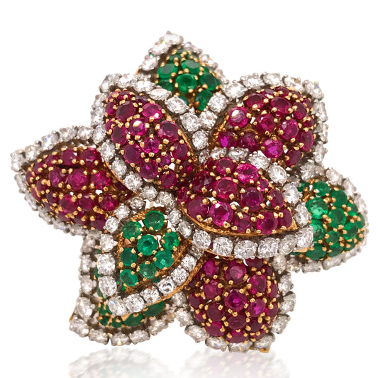 Van Cleef & Arpels, Emerald, Ruby and Diamond Flora Brooch - Lueur Jewelry