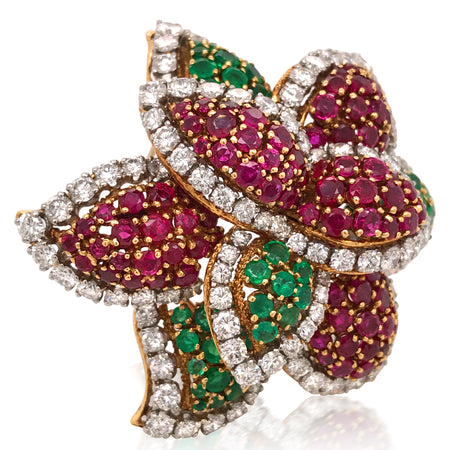 Van Cleef & Arpels, Emerald, Ruby and Diamond Flora Brooch - Lueur Jewelry