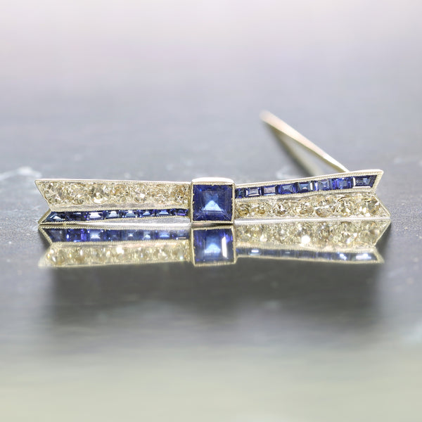 Platinum Sapphire Diamond Bow Pin - Lueur Jewelry