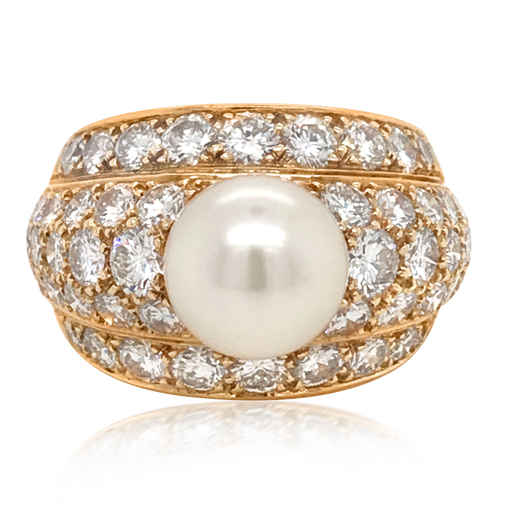 Cartier, Diamond Gold Ring with Center Pearl - Lueur Jewelry