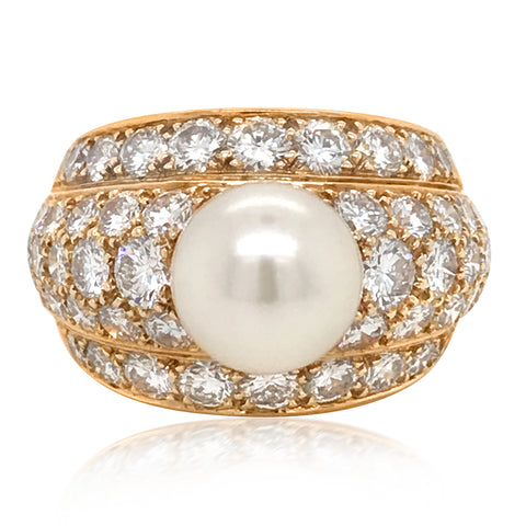 Cartier, Diamond Gold Ring with Center Pearl - Lueur Jewelry