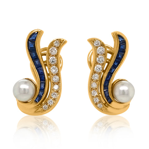 18K Gold Diamond Sapphire Pearl Earrings - Lueur Jewelry