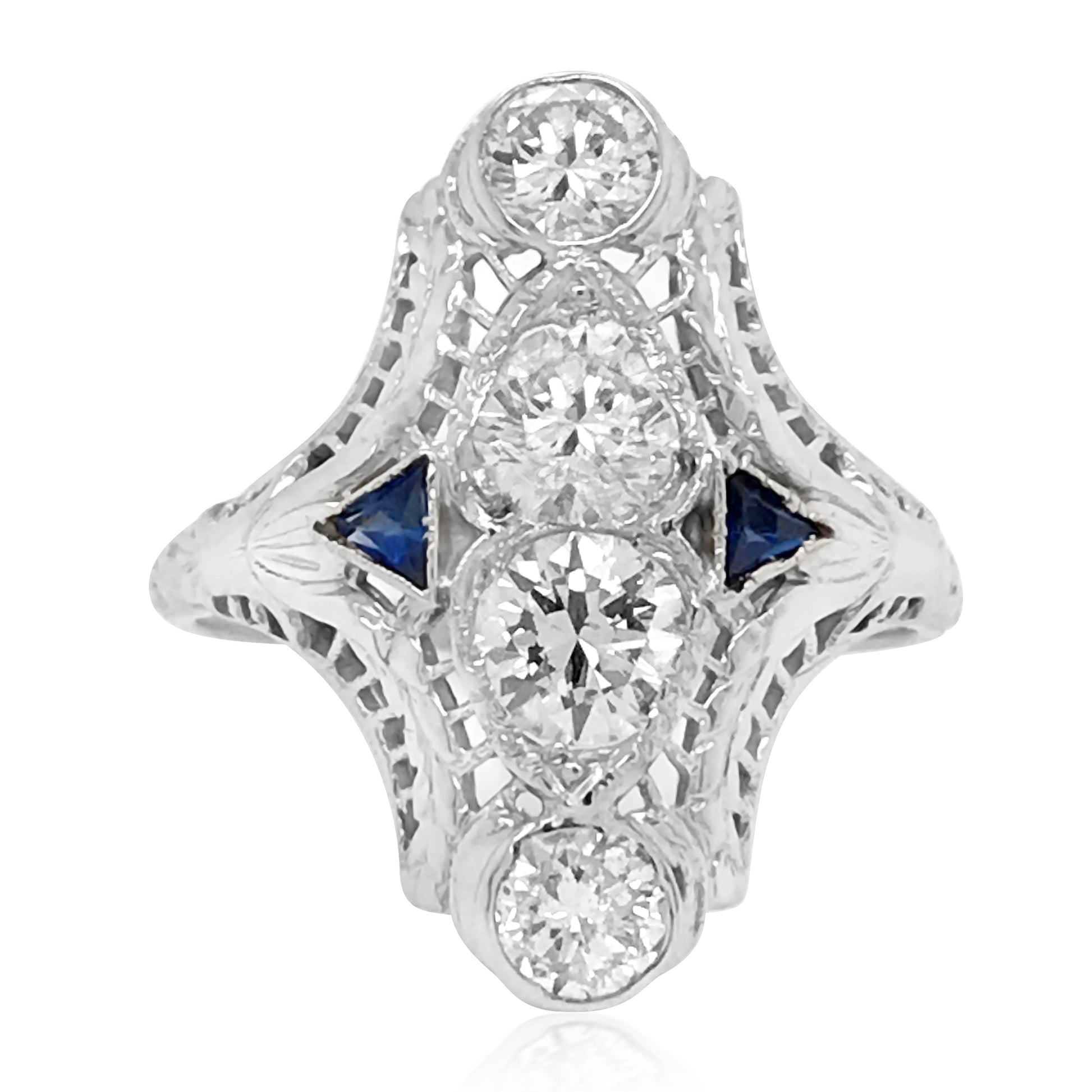 Art Deco Platinum Diamond  Sapphire Ring - Lueur Jewelry