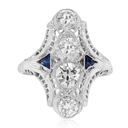 Art Deco Platinum Diamond  Sapphire Ring - Lueur Jewelry
