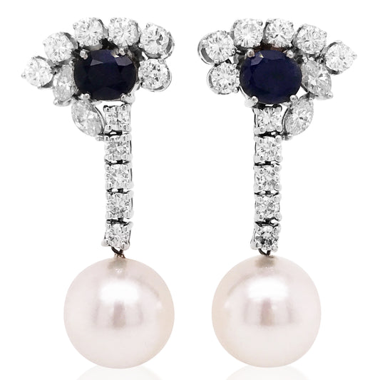 18K White Gold Sapphire Pearl Earrings