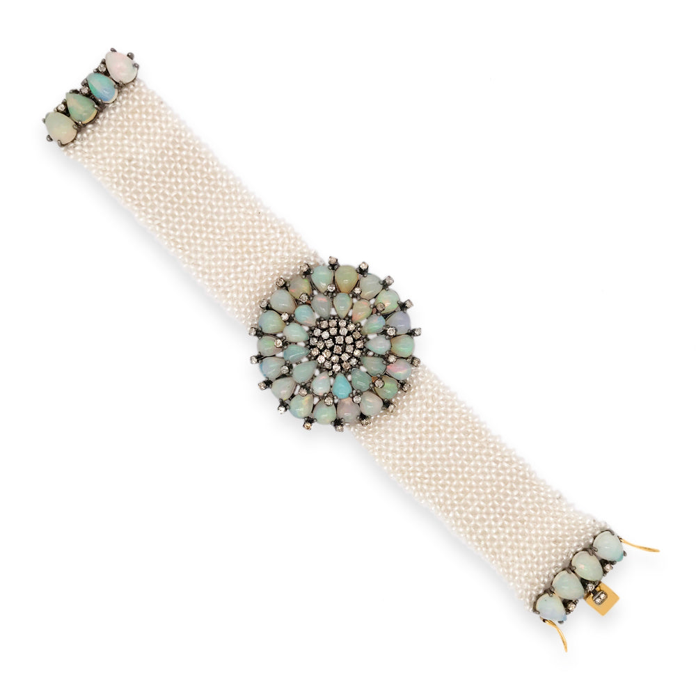 Blackened Silver Opal Seed Pearl Diamond Mesh Bracelet - Lueur Jewelry