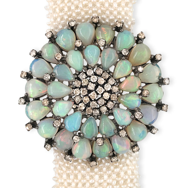 Blackened Silver Opal Seed Pearl Diamond Mesh Bracelet - Lueur Jewelry