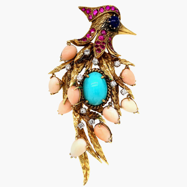 Gold Ruby Turquoise Lapis Lazuli Coral and Diamond Woodpecker Brooch - Lueur Jewelry