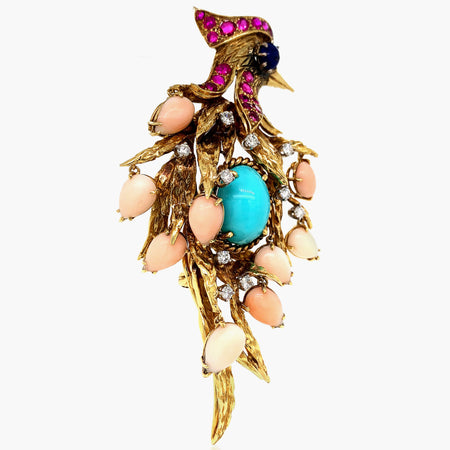Gold Ruby Turquoise Lapis Lazuli Coral and Diamond Woodpecker Brooch - Lueur Jewelry