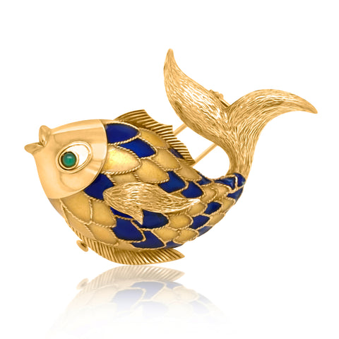 Boucheron, 18K Gold Enamel Fish Brooch - Lueur Jewelry