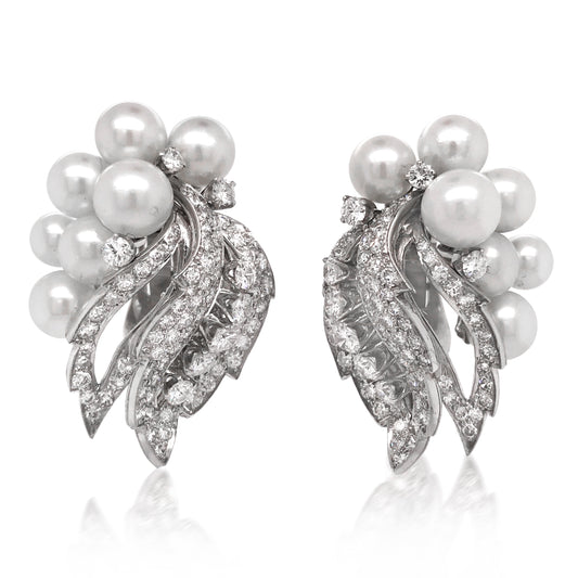 David Webb, 18K White Gold Diamond Pearl Earrings - Lueur Jewelry