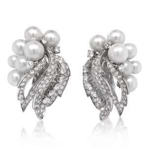 David Webb, 18K White Gold Diamond Pearl Earrings - Lueur Jewelry