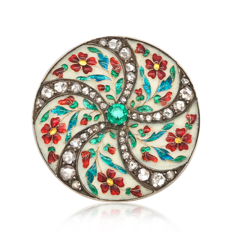 Faberge, Round Gold Brooch with Multi-color Enamel, Diamond and Emerald - Lueur Jewelry