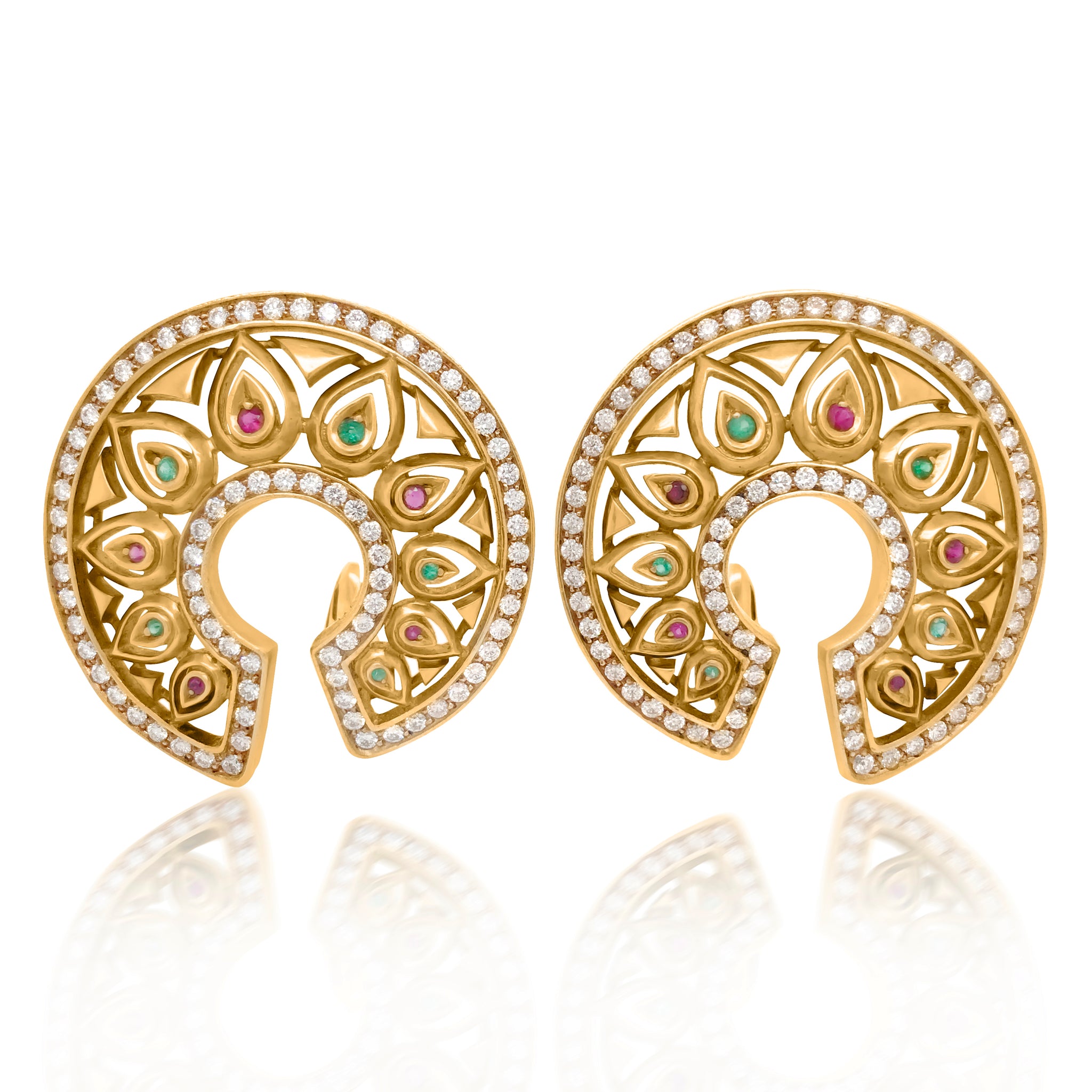 Cartier, Gold Round Earrings with Diamond Ruby and Emerald - Lueur Jewelry